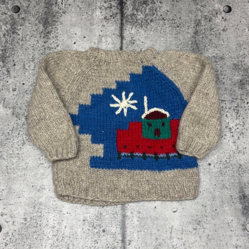 Vtg 80s/90s Handmade Kids Wool Knit Sweater Winter House Snowflake Pullover